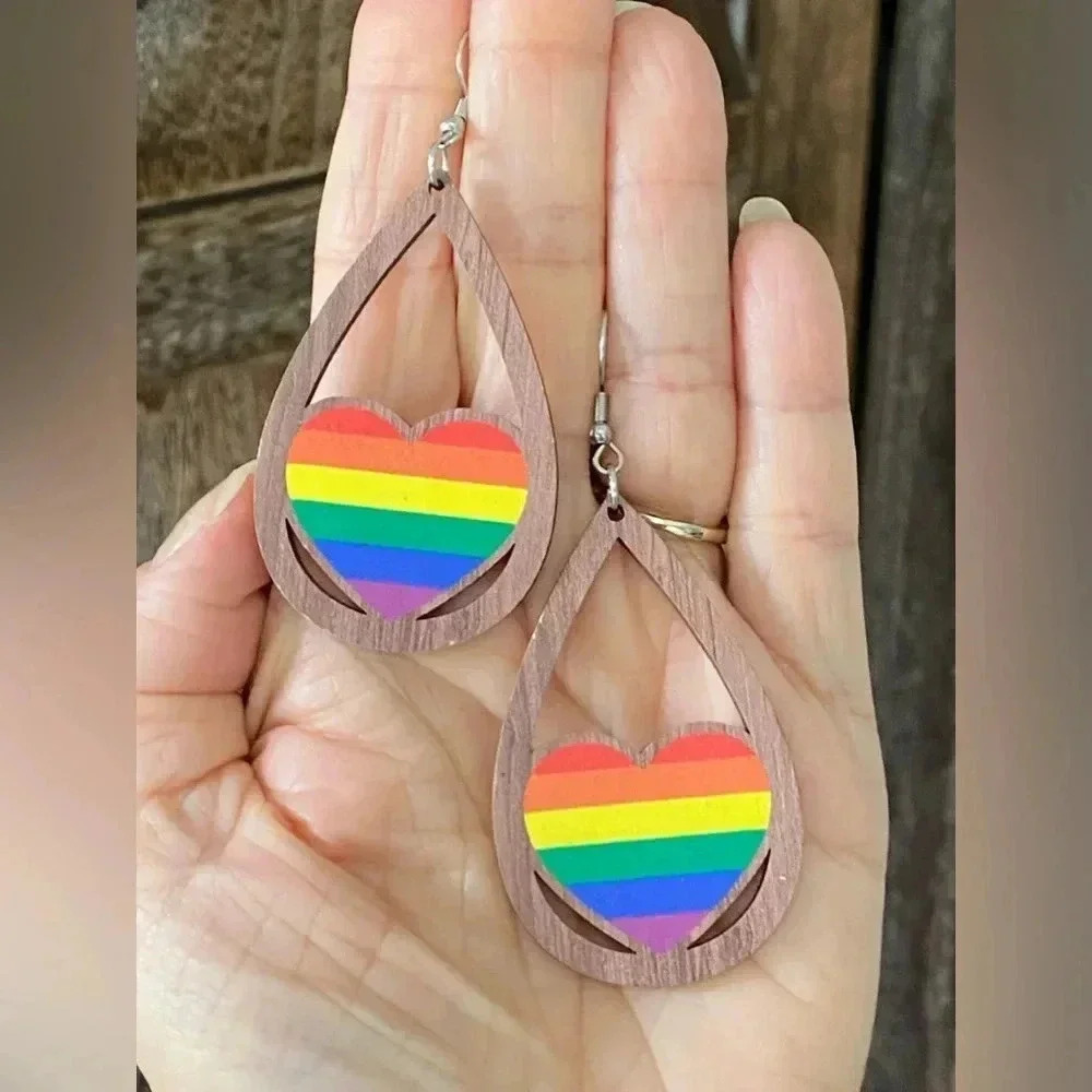 Handmade Wood Wooden Rainbow Heart LGBTQ Pride Teardrop Earrings NEW
